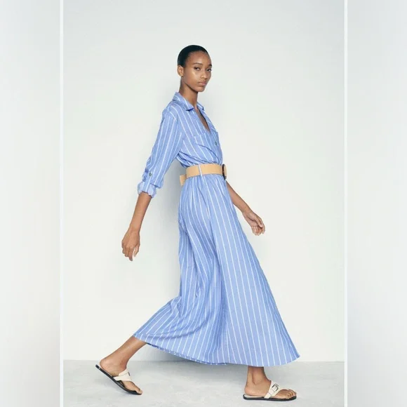 ZARA Trendy yet Classic Striped Linen Sky Blue Striped Maxi Dress🔥🔥🔥 - Picture 8 of 9